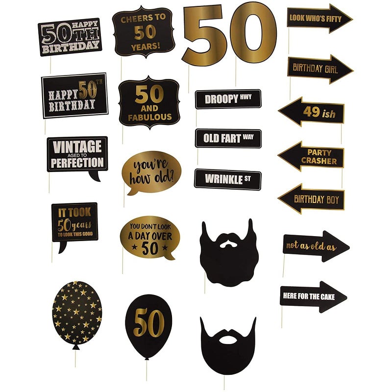 Blue Panda 50th Birthday Props for Women - 60-Pack Black & Gold Cardstock - Selfie Photo Booth Props for 50th Birthday - Image 4